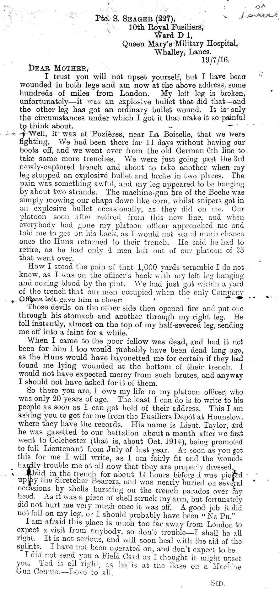 sidney seager letter